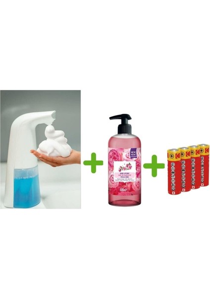 Sensörlü Fotoselli Sıvı Sabunluk,piller Dahil 21X5X10CM ve Bir Adet 500 ml Sıvı Sabun Gül Kokulu