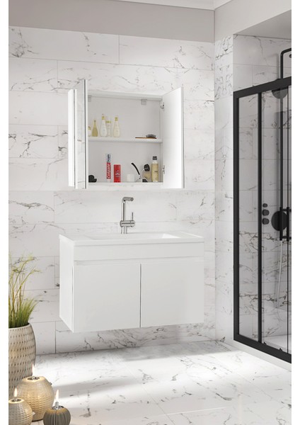 Viola-Win 80 cm Mdf Banyo Dolabı, Seramik Lavabolu Banyo Dolabı Seti Hazır Kurulu