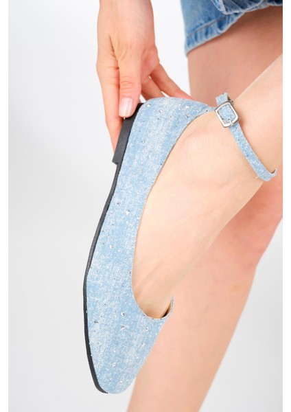 wilma Mavi Renk Taşlı Denim Babet