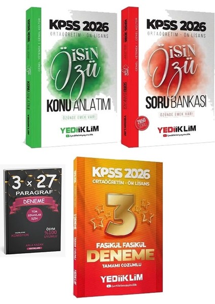 Yediiklim 2026 Kpss Lise Ortaöğretim Ön Lisans Işin Özü Konu + Soru Bankası + 3 Deneme 3 Lü Set