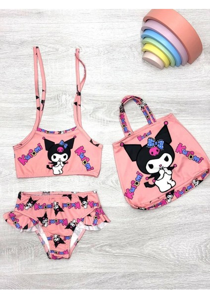 Kız Çocuk Kuromi Baskı Detaylı Plaj Çantası Hediyeli Bikini Alt Üst Takım