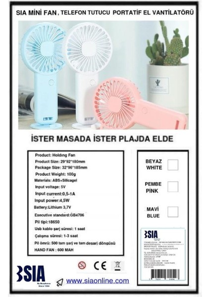 Mini Fan,telefon Tutucu,portatif El Vantilatörü Beyaz 9,3X19CM