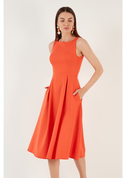 Bisiklet Yaka Regular Fit Cepli Pileli Midi Elbise Bayan Elbise 6051963