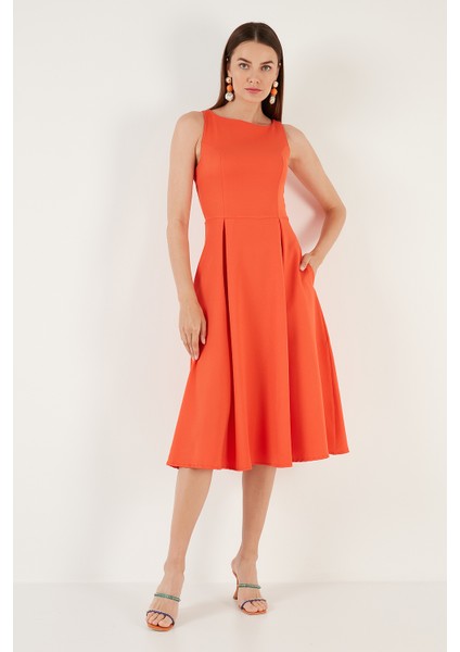 Bisiklet Yaka Regular Fit Cepli Pileli Midi Elbise Bayan Elbise 6051963