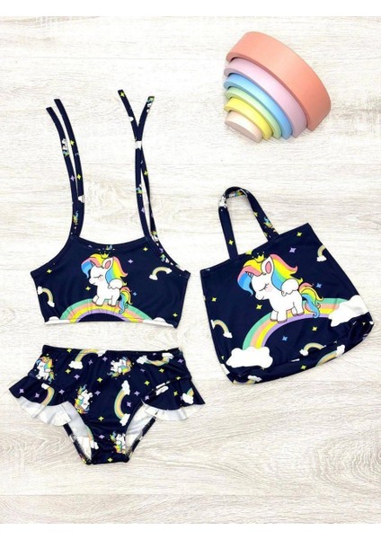 Kız Çocuk Unicorn Baskı Detaylı Plaj Çantası Hediyeli Bikini Alt Üst Takım