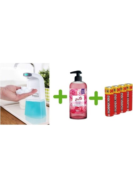 Sensörlü Fotoselli Sıvı Sabunluk,piller Dahil 21X10X5CM ve Bir Adet 500 ml Sıvı Sabun Gül Kokulu