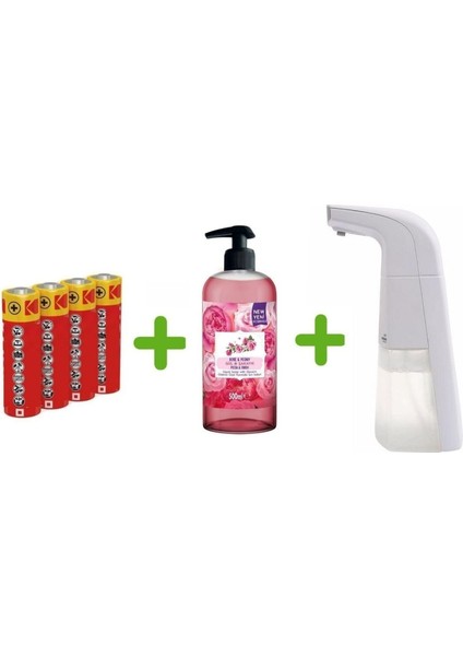 Sensörlü Fotoselli Sıvı Sabunluk,piller Dahil 21X10X5CM ve Bir Adet 500 ml Sıvı Sabun Gül Kokulu modelleri