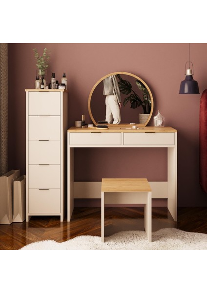 Flora U2060 Kumtaşı Sepet 5+2 Çekmeceli Aynalı Makyaj Masası Seti Çekmeceli Dolaplı Tabureli