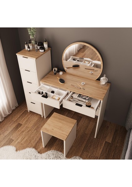 Flora U2060 Kumtaşı Sepet 5+2 Çekmeceli Aynalı Makyaj Masası Seti Çekmeceli Dolaplı Tabureli fırsatları