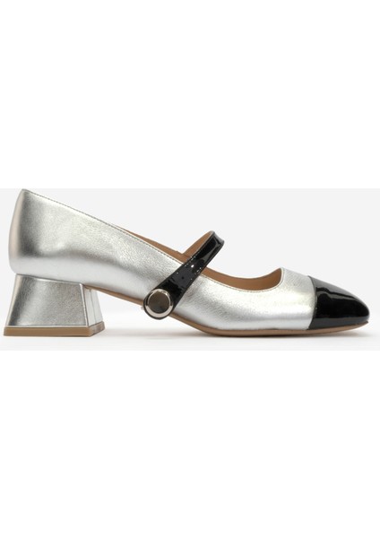 Kadın Kare Küt Burunlu Kalın Topuklu Ayakkabı Gerçek Deri Sy 27381 Siyah/gümüş