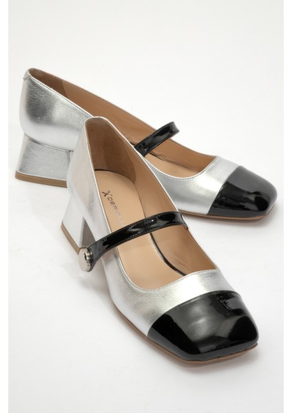 Kadın Kare Küt Burunlu Kalın Topuklu Ayakkabı Gerçek Deri Sy 27381 Siyah/gümüş fiyatları