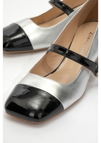 Kadın Kare Küt Burunlu Kalın Topuklu Ayakkabı Gerçek Deri Sy 27381 Siyah/gümüş modelleri