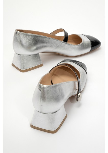 Kadın Kare Küt Burunlu Kalın Topuklu Ayakkabı Gerçek Deri Sy 27381 Siyah/gümüş fırsatları