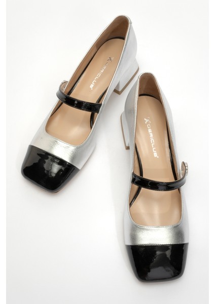 Kadın Kare Küt Burunlu Kalın Topuklu Ayakkabı Gerçek Deri Sy 27381 Siyah/gümüş indirimleri