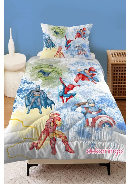 Renkli Süper Kahramanlar Bebek ve Çocuk Odası Kapitone Yorgan