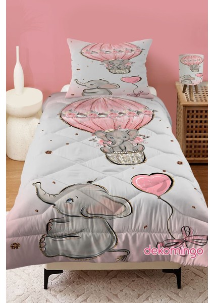 Pembe Gri Yavru Fil Balon Desenli Kapitone Çocuk Yorgan ve Yastık Kılıfı