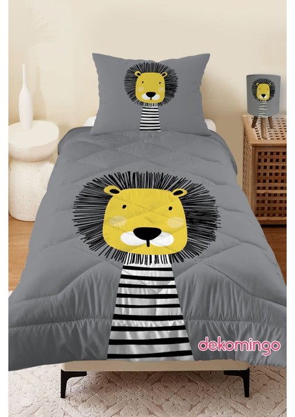 Aslan Gri Desenli Kapitone Çocuk Yorgan ve Yastık Kılıfı
