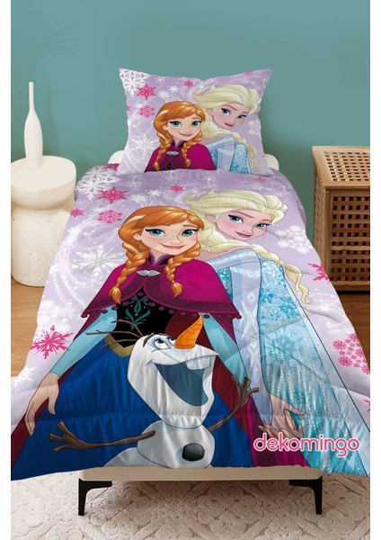 Lila Elsa ve Anna Kartanesi Desenli Kapitone Çocuk Yorgan ve Yastık Kılıfı