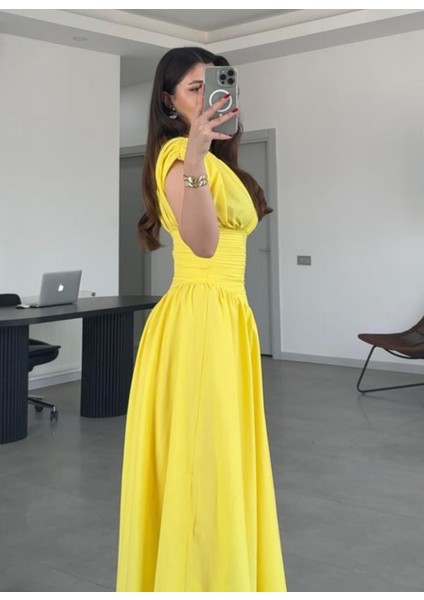 Drapeli Geniş Çan Etek Beli Büzgü Tasarım Kısa Kollu Bele Oturan Pinterest Şık Muadil Midi Elbise fiyatları