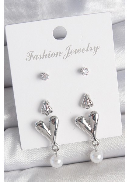 Pirinç Gümüş Renk Zirkon Taşlı Sallantılı Kalp Model 3 Çift Kadın Küpe Seti - TJ-BKP10590