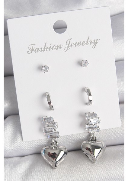 Pirinç Gümüş Renk Zirkon Taşlı Sallantılı Kalp Model Yarım Halka Detay 3 Çfit Kadın Küpe Seti - TJ-BKP10594