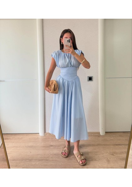 Drapeli Geniş Çan Etek Beli Büzgü Tasarım Kısa Kollu Bele Oturan Pinterest Şık Muadil Midi Elbise