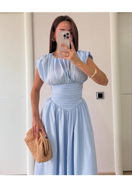 Drapeli Geniş Çan Etek Beli Büzgü Tasarım Kısa Kollu Bele Oturan Pinterest Şık Muadil Midi Elbise fiyatları