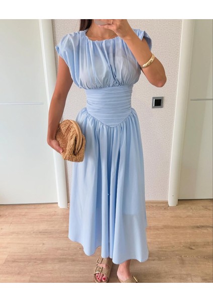 Drapeli Geniş Çan Etek Beli Büzgü Tasarım Kısa Kollu Bele Oturan Pinterest Şık Muadil Midi Elbise modelleri