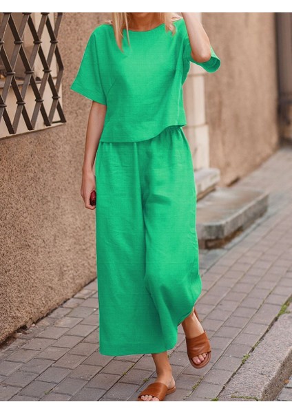 Ikili Takım Günlük Rahat Beli Lastikli Kadın Keten Yeşil Alt Üst