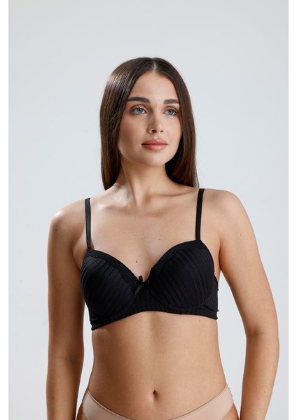 Destekli Dantel Detay Jakarlı Sütyen | Siyah 133