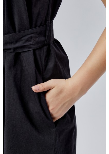 Siyah Regular Fit Kuşak Kemerli Elbise