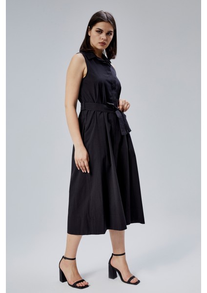 Siyah Regular Fit Kuşak Kemerli Elbise