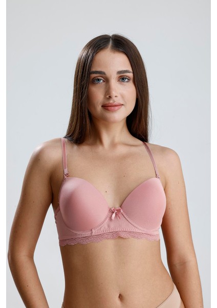 Destekli Dantel Detay Sütyen | Pembe 936