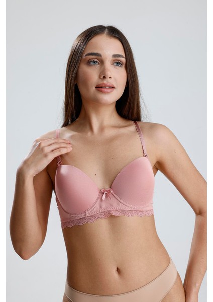 Destekli Dantel Detay Sütyen | Pembe 936