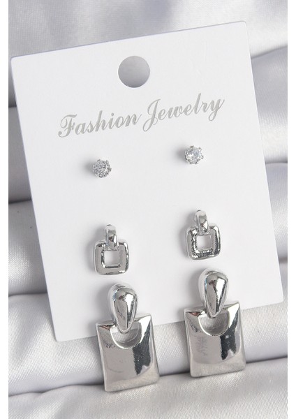 Pirinç Gümüş Renk Zirkon Taş Detay Sallantılı Kare Model 3 Çift Kadın Küpe Seti - TJ-BKP10603