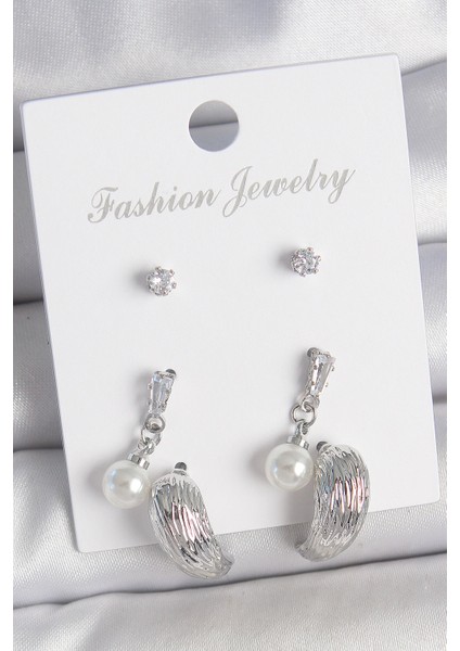 Pirinç Gümüş Renk Sallantılı Zirkon Taşlı Damla Model 3 Çift Kadın Küpe Seti - TJ-BKP10593