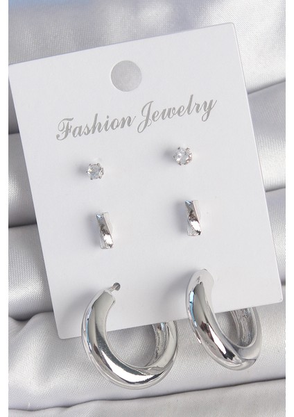 Pirinç Gümüş Renk Zirkon Taş Detay Halka Model 3 Çift Kadın Küpe Seti - TJ-BKP10598