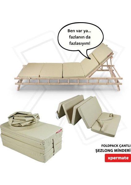Katlanır Şezlong Minderi Fermuarlı Çantalı Cepli Foldpack 30 x 60 x 35 cm Bej
