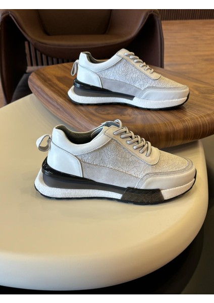 1074 Beyaz Cam Kırığı Hakiki Deri Erkek Sneakers