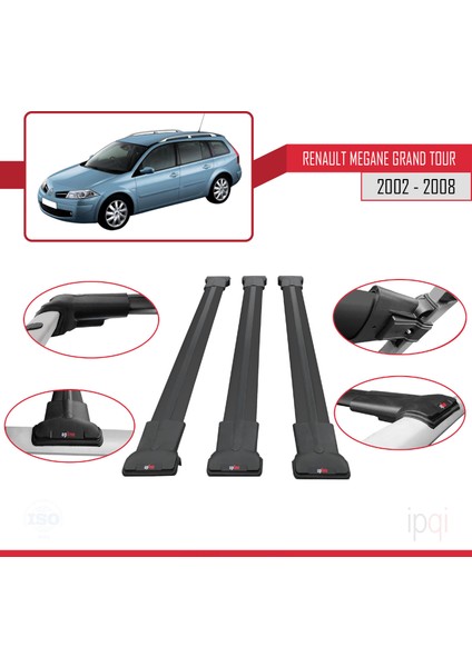 Renault Megane Grand Tour 2002-2008 Arası ile Uyumlu Fly Model Ara Atkı Tavan Barı Siyah 3 Adet fırsatları