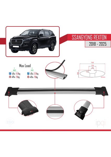 Ssangyong Rexton 2018-2025 Arası ile Uyumlu Fly Model Ara Atkı Tavan Barı Gri 2 Adet fırsatları