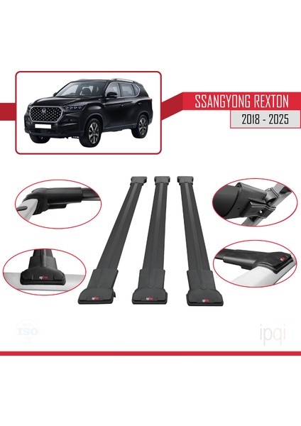 Ssangyong Rexton 2018-2025 Arası ile Uyumlu Fly Model Ara Atkı Tavan Barı Siyah 3 Adet fırsatları