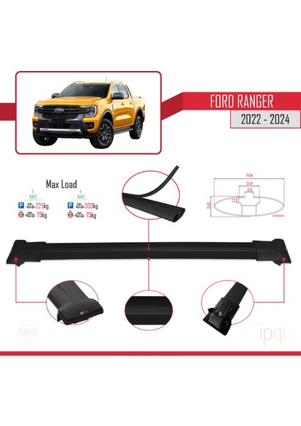 Ford Ranger (P703) 2022-2024 Arası ile Uyumlu Fly Model Ara Atkı Tavan Barı Siyah 3 Adet modelleri