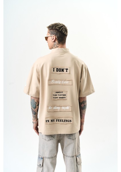 Erkek I Don't Nakışlı Oversize T-Shirt Bej