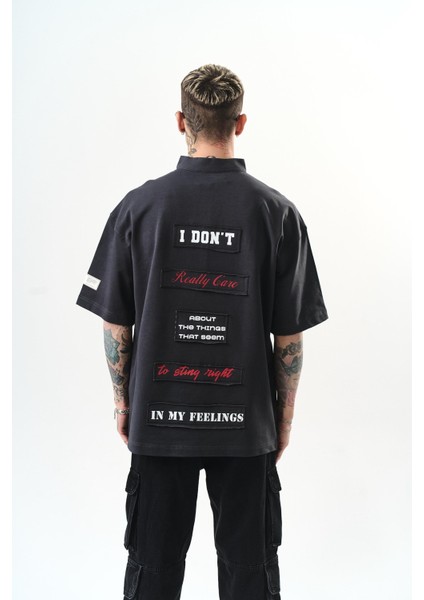 Erkek I Don't Nakışlı Oversize T-Shirt Füme