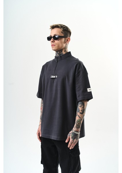 Erkek I Don't Nakışlı Oversize T-Shirt Füme modelleri