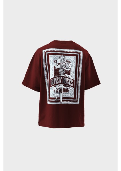 Erkek Guns Roses Baskılı Oversize T-Shirt Bordo