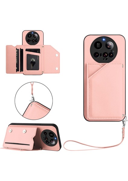 Xiaomi 15 Ultra Kart Tutucu Kickstand Cilt Dokunmalı Telefon Kılıfı Bilek Kayışı ile (Yurt Dışından)