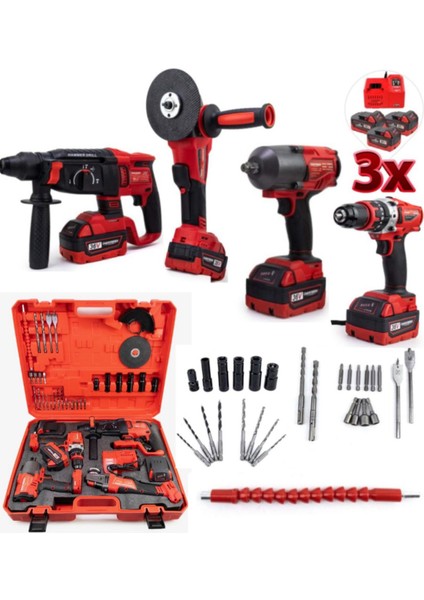 36V 4lü Dörtlü Şarjlı Kırmızı Matkap Seti ( Spiral 13MM Matkap 600 Tork Somun Sıkma Kırıcı Delici) 3x Batarya