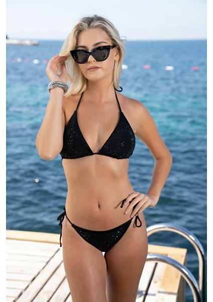 2551-100 Kadın Siyah Taşlı Concept Bağlamalı Üçgen Bikini Takım fiyatları